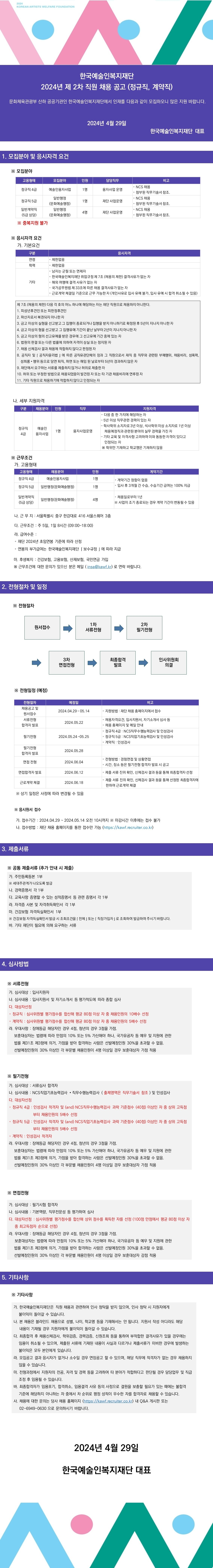한국예술인복지재단 2024년 제2차 직원 채용 공고(정규직, 계약직) 첨부 이미지